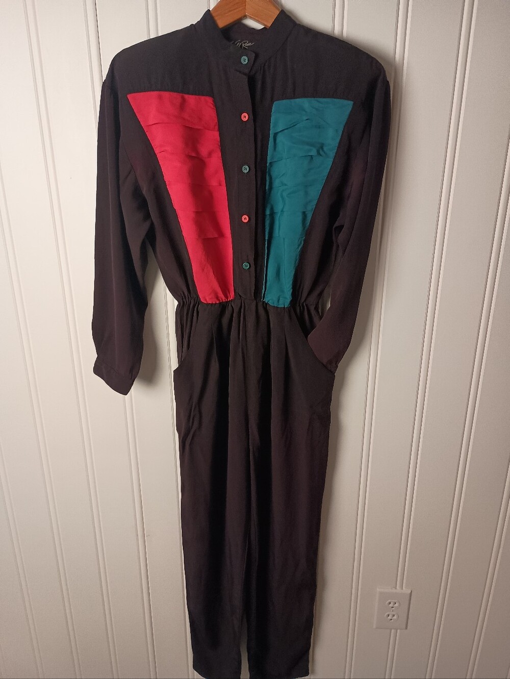 80's Wild Rose-Vintage Black Jumpsuit Dress with Red and Teal Panels- Size 6 SM